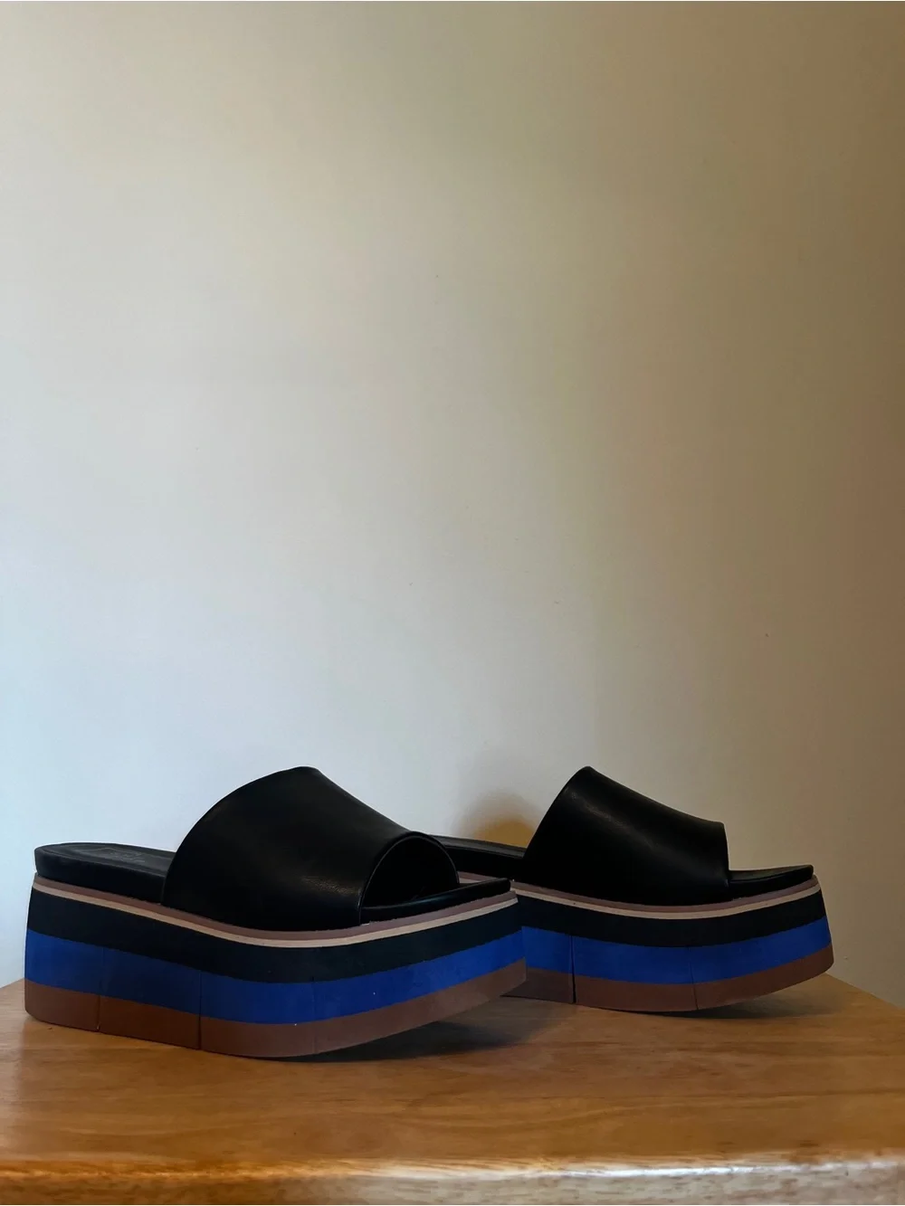 ShuShop Black Slide Mules with Blue and Brown Striped Platform